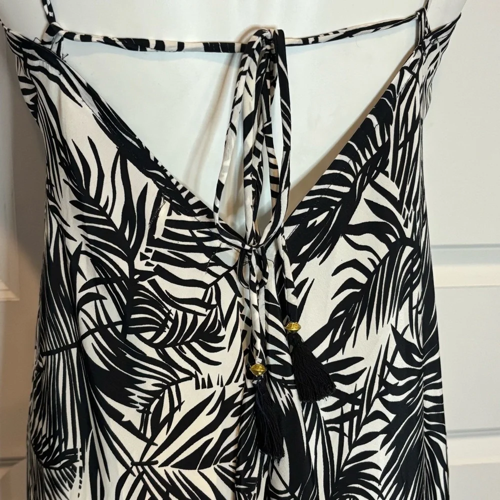 NWT Elan Black White Palm Print Tassel Midi Halter Dress S